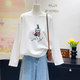 元气俏皮感~韩代款ins刺绣小狗白色长袖T恤春秋纯棉上衣打底大码