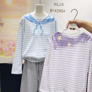韩国订单2026春夏蓝紫色条纹假两件条纹T恤防晒衫 你喜欢 小清新
