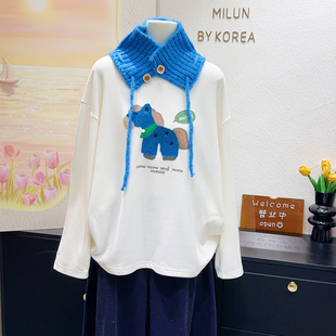 新年款小马来喽~带围巾上衣韩国单中长款遮臀德绒长袖打底衫大码