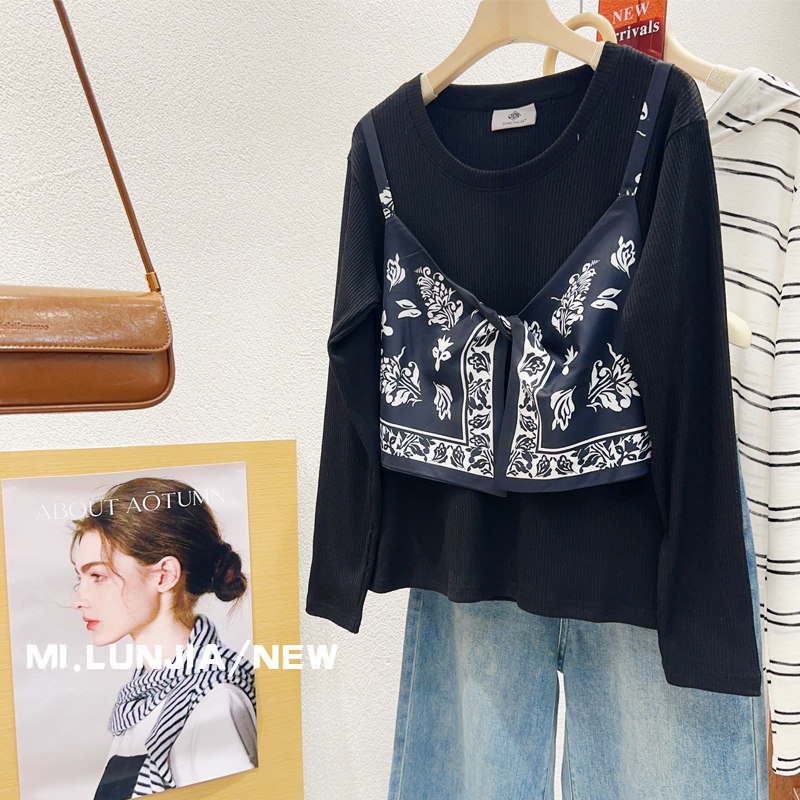 波西米亚风~韩国东大门法式时髦吊带拼接长袖T恤针织上衣显瘦大码