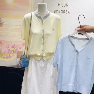 大大方方~夏季高品质冰丝麻凉感针织衫黄蓝色正肩短袖上衣女大码