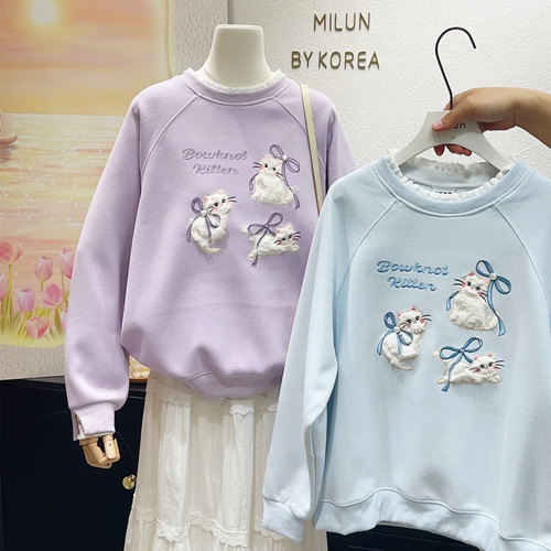 蓝紫色甜美可爱日系小猫卫衣大码