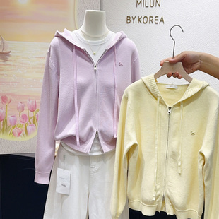 温柔软糯糯~韩代款早春季连帽毛衣别致设计感小个子黄紫色针织衫