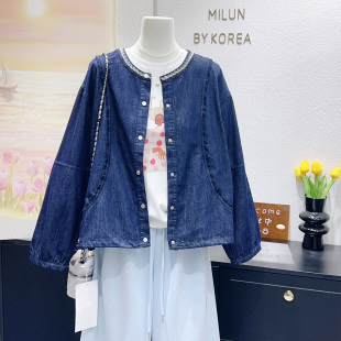 大码 甜美刺绣上衣显瘦衬衫 100%棉牛仔外套茧形开衫 柔软复古甜美