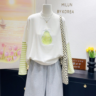 显瘦大码 清新香草奶绿色 韩国单2026春艺术感条纹假两件上衣长袖