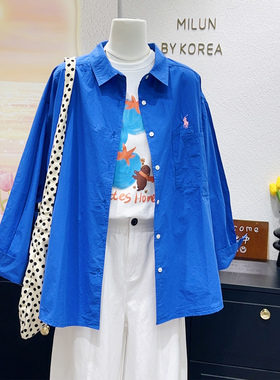 老钱风高级感~韩代款100%棉亮蓝色衬衫拉夫刺绣薄款防晒外套大码
