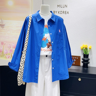 老钱风高级感~韩代款100%棉亮蓝色衬衫拉夫刺绣薄款防晒外套大码