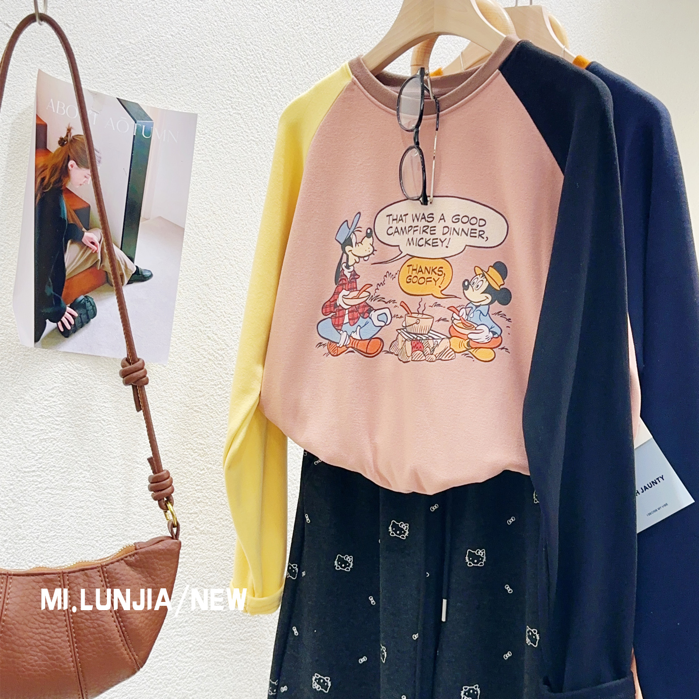 趣味松弛感~韩国东大门米奇长袖上衣秋冬德绒保暖撞色T恤打底大码