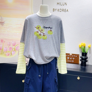 春日活力满分~韩代款番茄刺绣清新绿色条纹假两件灰上衣显瘦大码