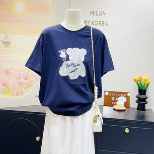 洋气减龄大方 上衣T恤 韩代款 刺绣蕾丝小熊甜美宽松休闲藏青色短袖