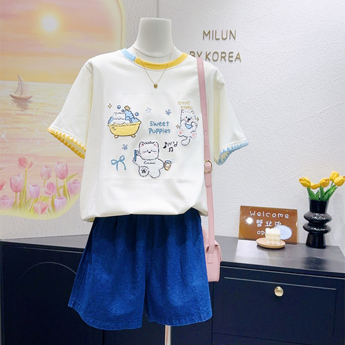 柠檬黄色搭配海盐蓝可爱短袖大码