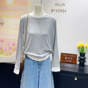 上衣女内搭 韩国订单egg小标灰色条纹长袖 正肩遮肚显瘦 2026春季