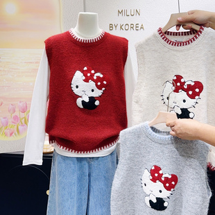 俏皮少女心~韩国东大门针织衫上衣kitty猫刺绣毛衣马甲叠穿大码女