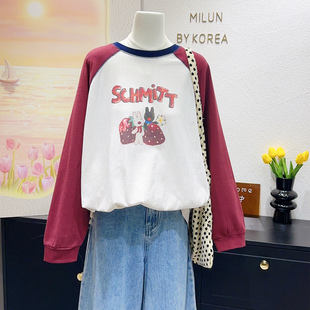 轻松慵懒休闲~韩国东大门上衣春季减龄中长款插肩袖上衣T恤大码