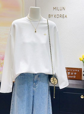 95%棉百搭不挑人基础款~韩国单简约春秋白色长袖T恤打底上衣大码