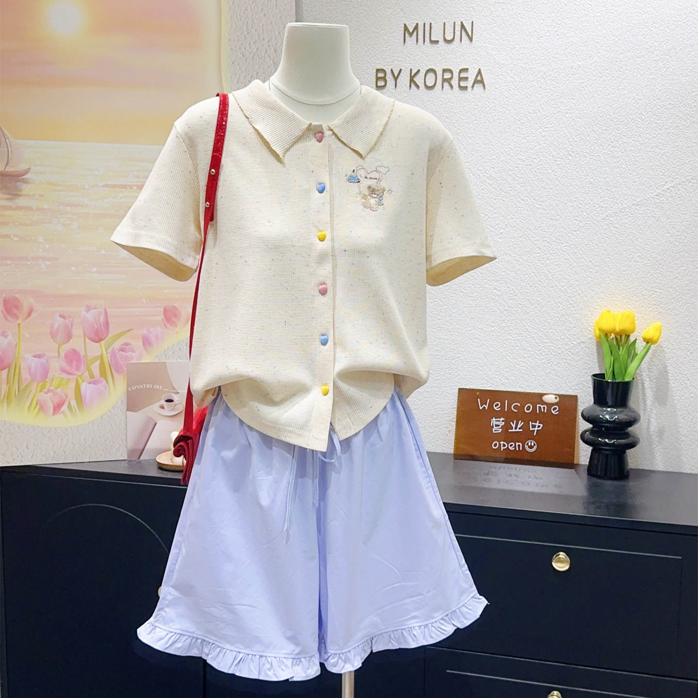 奶油系复古少女~ins学院风小熊刺绣娃娃领正肩短袖上衣小个子清新