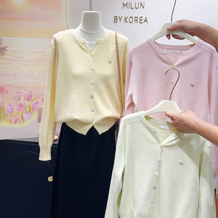 春天的清新软糯~韩代款温柔减龄正肩上衣粉黄色针织开衫毛衣大码