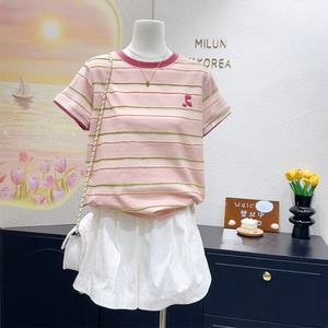 芭乐粉色条纹~韩国单夏季小个子正肩短袖定制泡芙棉质感纯棉T恤