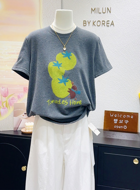 谁穿谁洋气~韩国订单2026春夏chic绿番茄小熊灰色正肩短袖打底衫