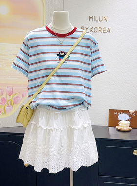 轻薄不会透~韩代款夏季清新蓝色条纹企鹅撞色正肩短袖遮肉上衣T恤