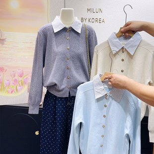 简单利索气质~韩代款2026早春条纹衬衫领拼接毛衣针织衫软糯显瘦