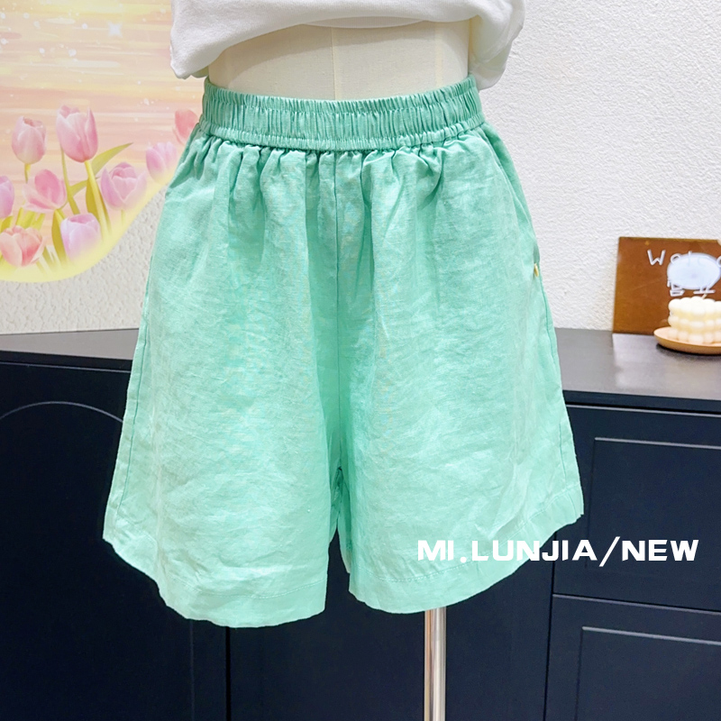 糖果色100%棉短裤~韩代款夏季清新绿色松紧腰直筒阔腿裤a字短裤