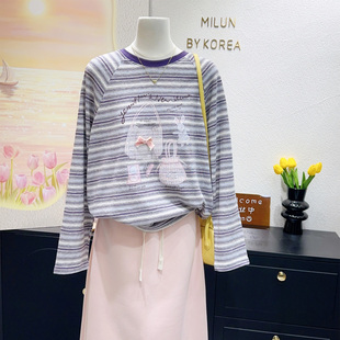 日系甜妹穿搭~韩国订单春季95%纯棉条纹长袖ins风森女针织T恤大码