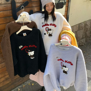 秋冬毛毛上衣~韩代款高品质甜美刺绣ktty猫仿羊羔绒卫衣外套保暖