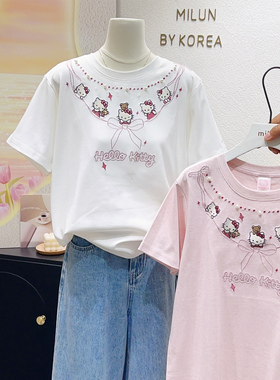日系软萌少女心~韩国东大门ins甜美aKT猫刺绣纯棉短袖正肩上衣