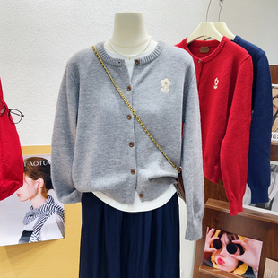 小个子别致毛衣~韩代款秋季刺绣花朵灰色针织衫外套冬季内搭遮肉