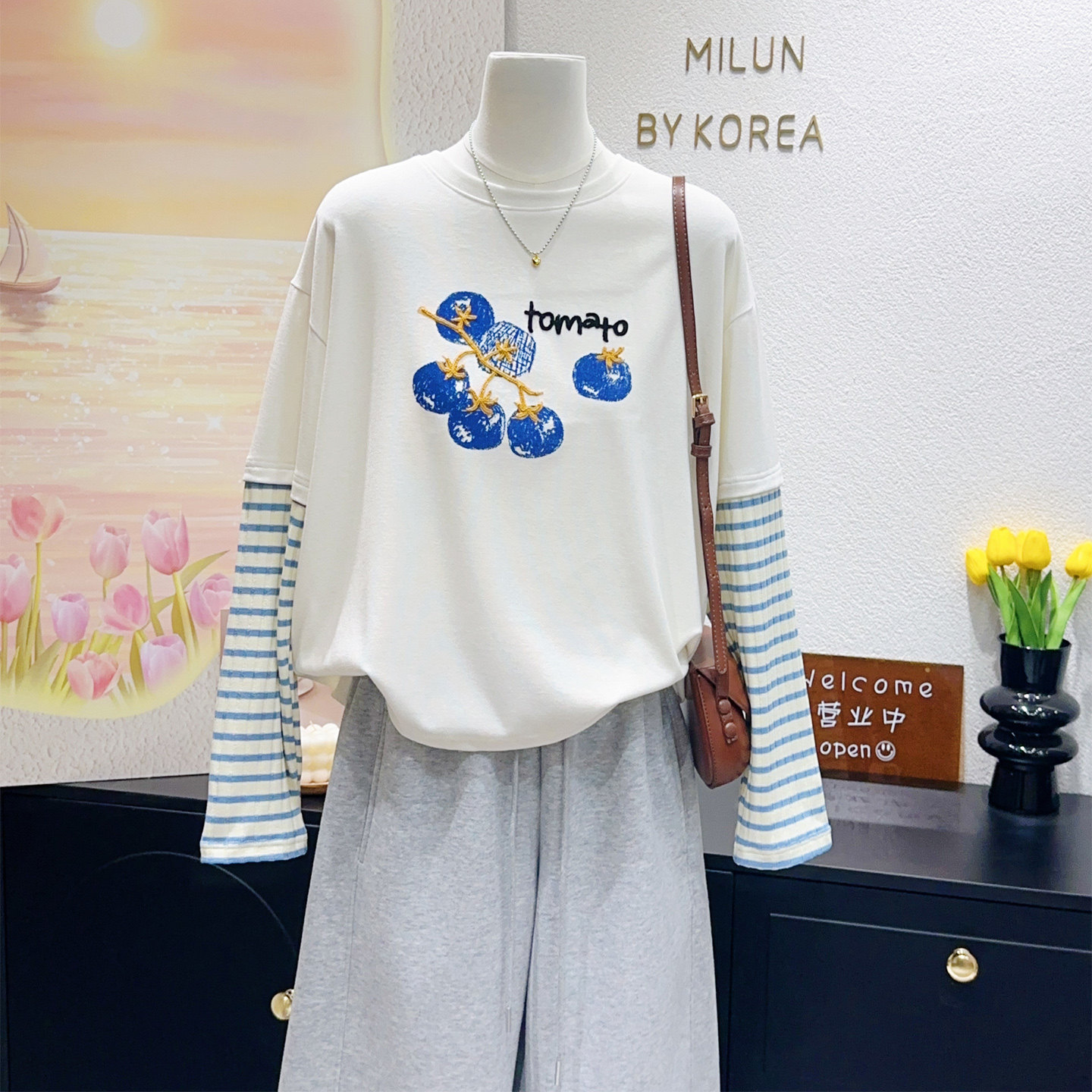 氛围感显白蓝番茄~2026春韩国东大门清新蓝色条纹假两件长袖大码