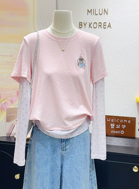 蜜桃粉色少女感~韩代款碎花网纱袖假两件正肩上衣防晒衫2026春夏