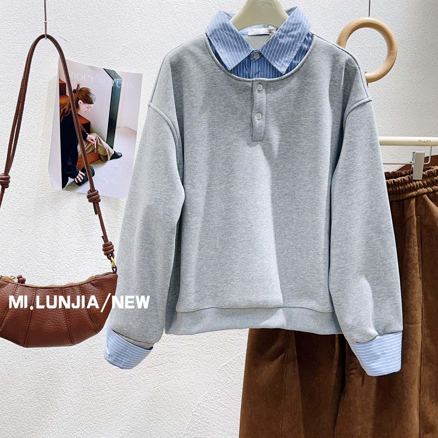 韩代款衬衫领上衣灰色加绒卫衣