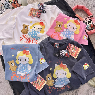 100%纯棉入我心~早春新款熊猫纸袋家kitty猫软萌可爱长袖T恤大码