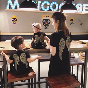 ins爆款夏季亲子姐弟装刺绣天使之翼T恤翅膀连衣裙男女童装母女装