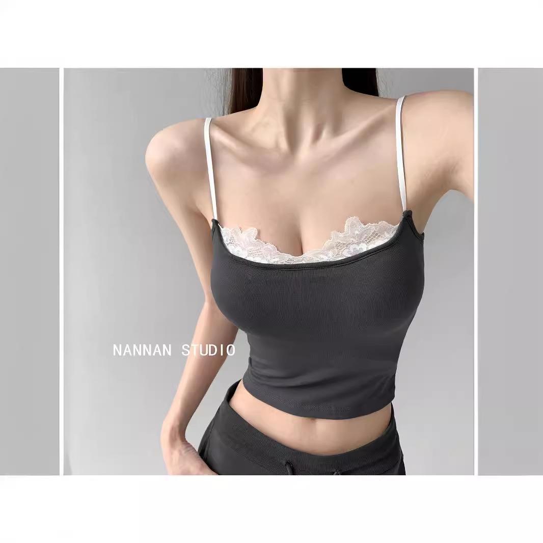 深微吊带巨辣上衣吊带甜美芭蕾拼接蕾丝边紧身吊带背心女纯欲夏季