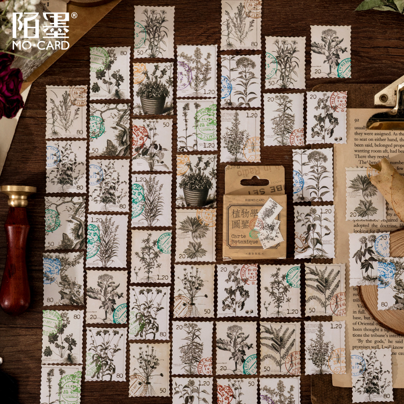 陌墨 盒装贴纸 植物学图鉴系列 复古邮票手帐装饰DIY贴画 46枚入