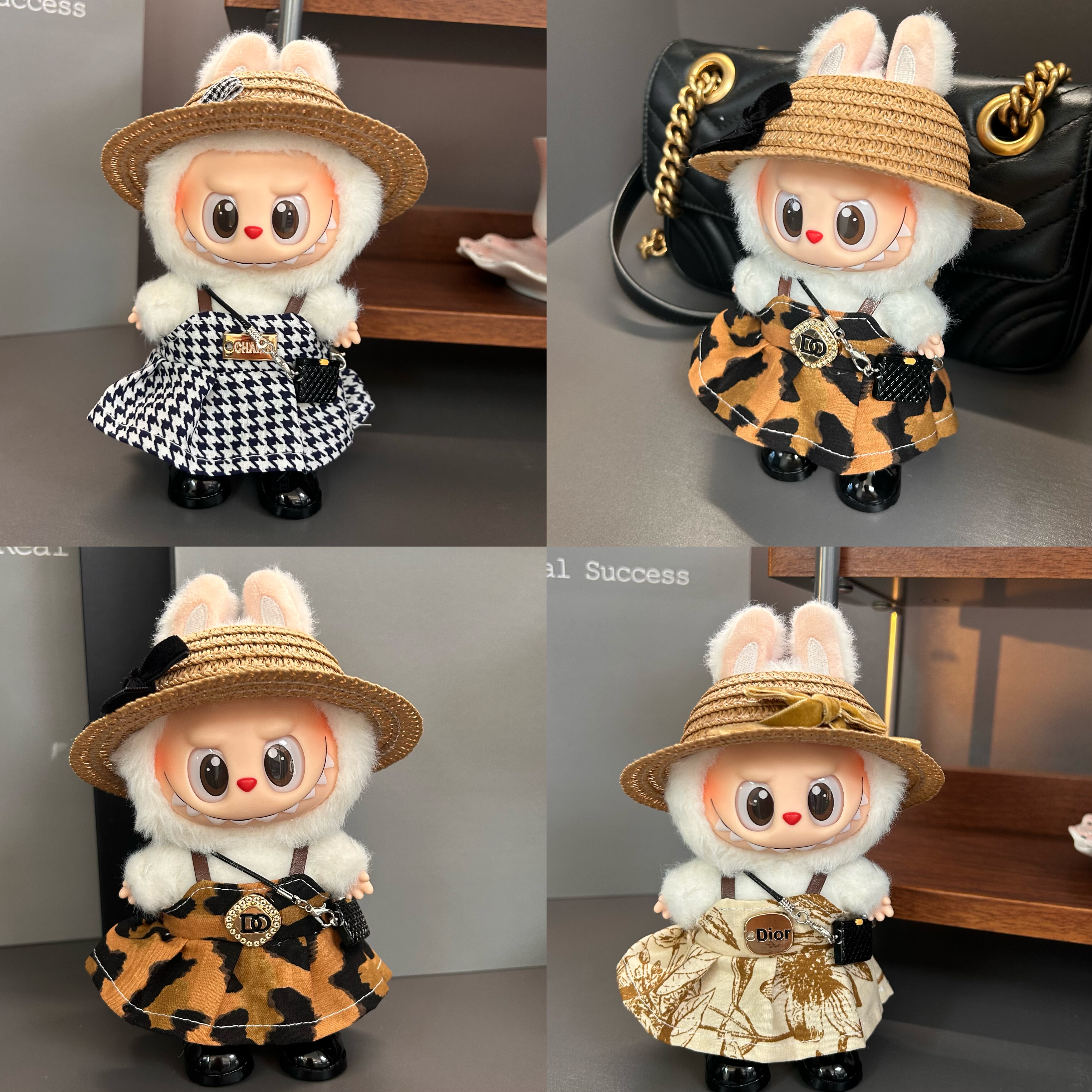 豹纹裙草帽拉布布娃衣衣服labubu娃衣三代平静拉布布娃衣套装17cm