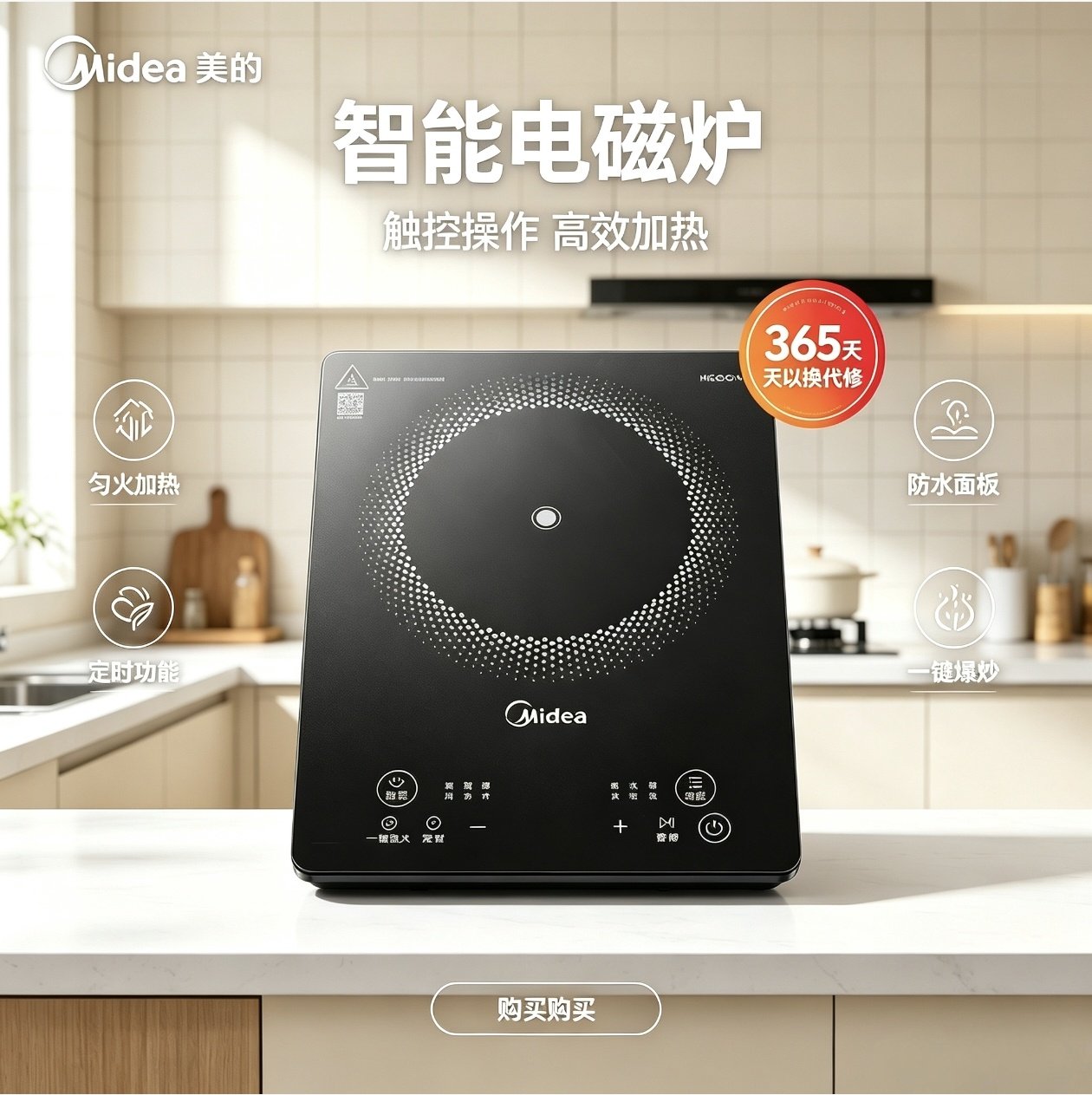 美的电磁炉2200W家用触控大面板大火力爆炒火锅炒菜防水MC-22MB06