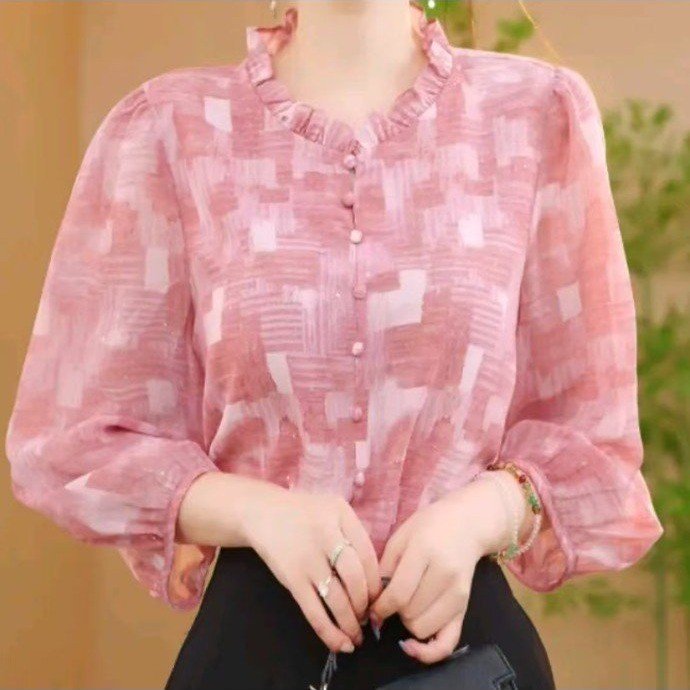 2026夏季新款女士七分袖花边领衬衫减龄显瘦百搭薄款上衣