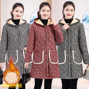 妈妈装连帽格子罩衣家居服女中长外套工作服中老年冬装新款棉衣服