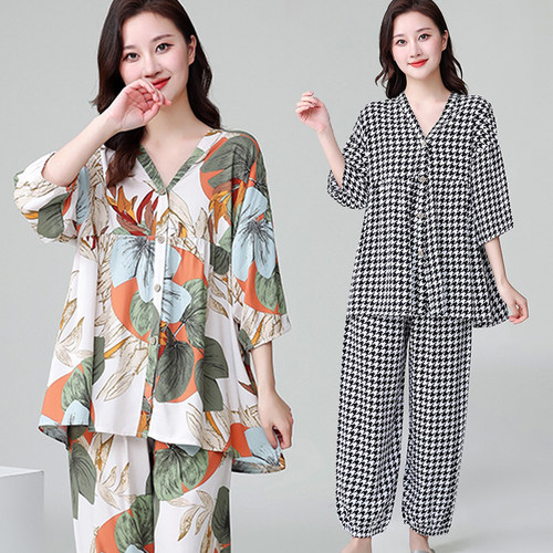 绵绸睡衣女薄款中年家居服套装
