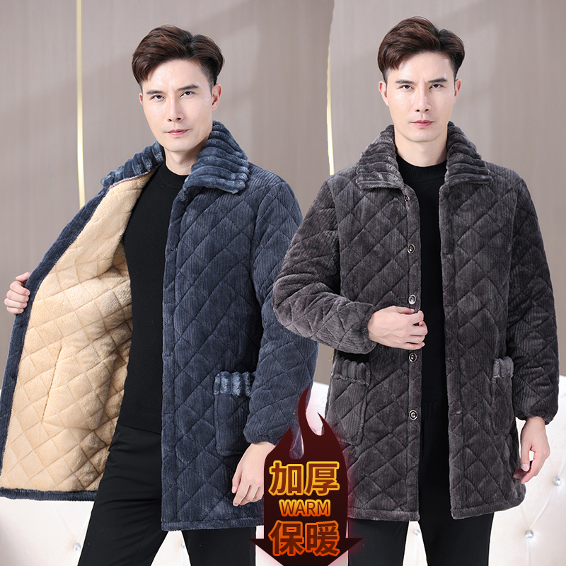 秋冬保暖男士款罩衣居家服三层加厚加绒耐脏防污工作中长款棉服潮