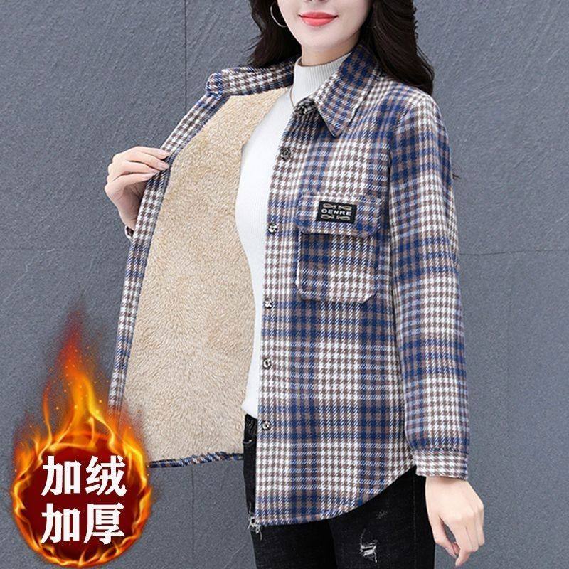 秋冬新款升级加绒加厚妈妈保暖格子衬衫大码韩范宽松百搭上衣外套