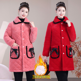 加绒加厚棉衣女冬装新款家居服减龄妈妈中长款罩衣保暖工作服外套