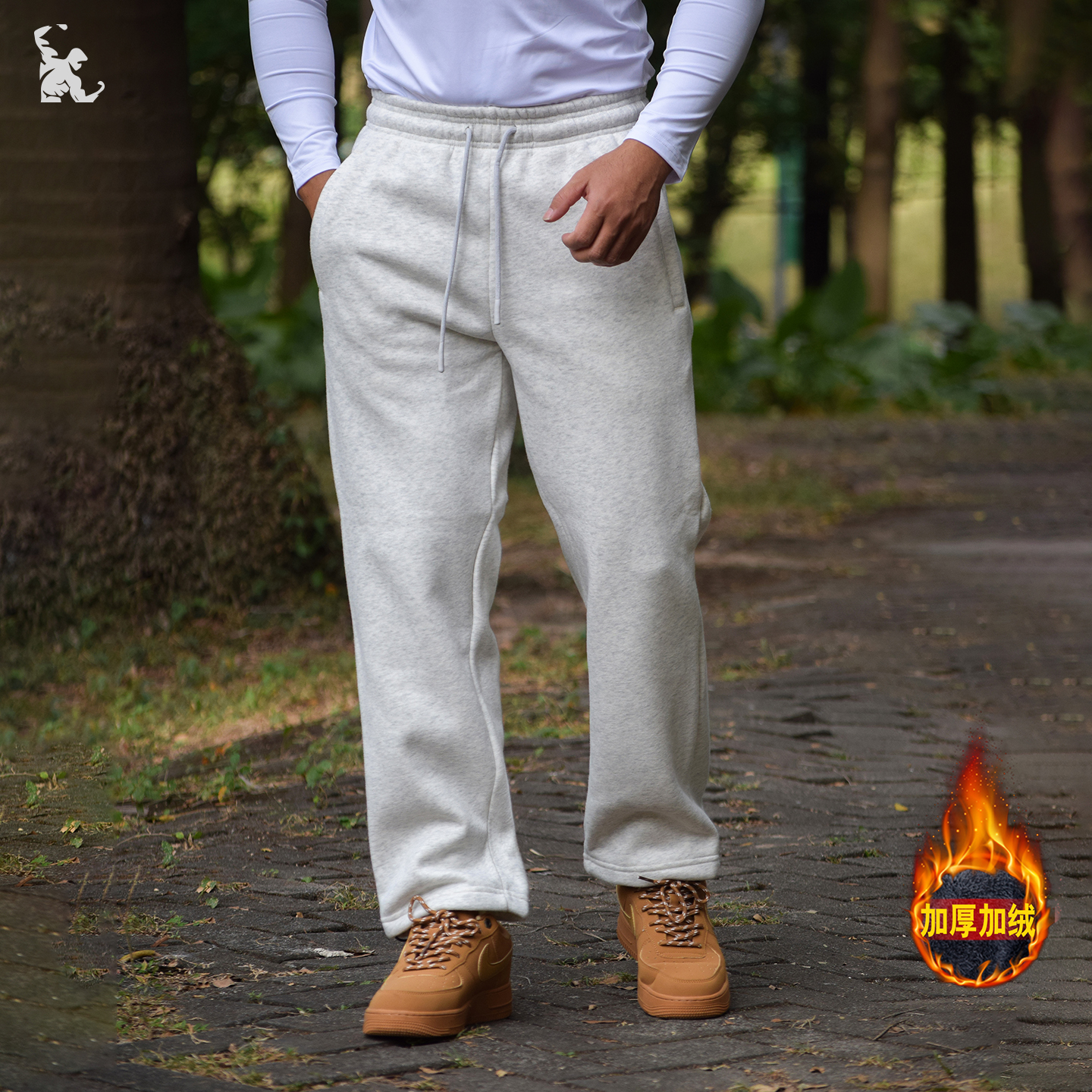 呦咕秋冬男士加绒加厚阔腿卫裤
