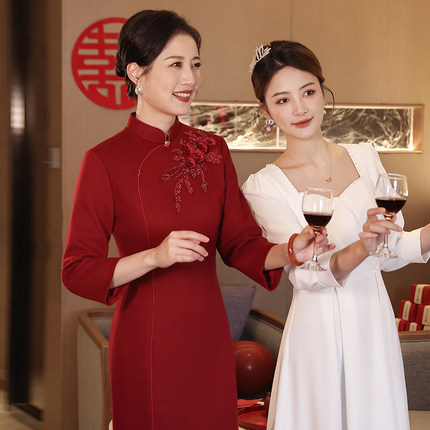 高端婚宴妈妈装复古风旗袍加厚羊毛呢子高贵喜婆婆婚礼服裙秋冬款