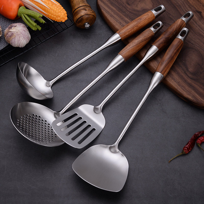 爆款304不锈钢汤勺锅铲漏勺厨房用具 花梨木柄加厚隔热厨师炒菜铲