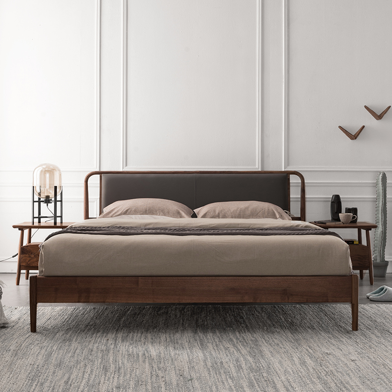 新中式全实木床现代简约卧室1.8m破晓双人床高档奢华黑胡桃木家具