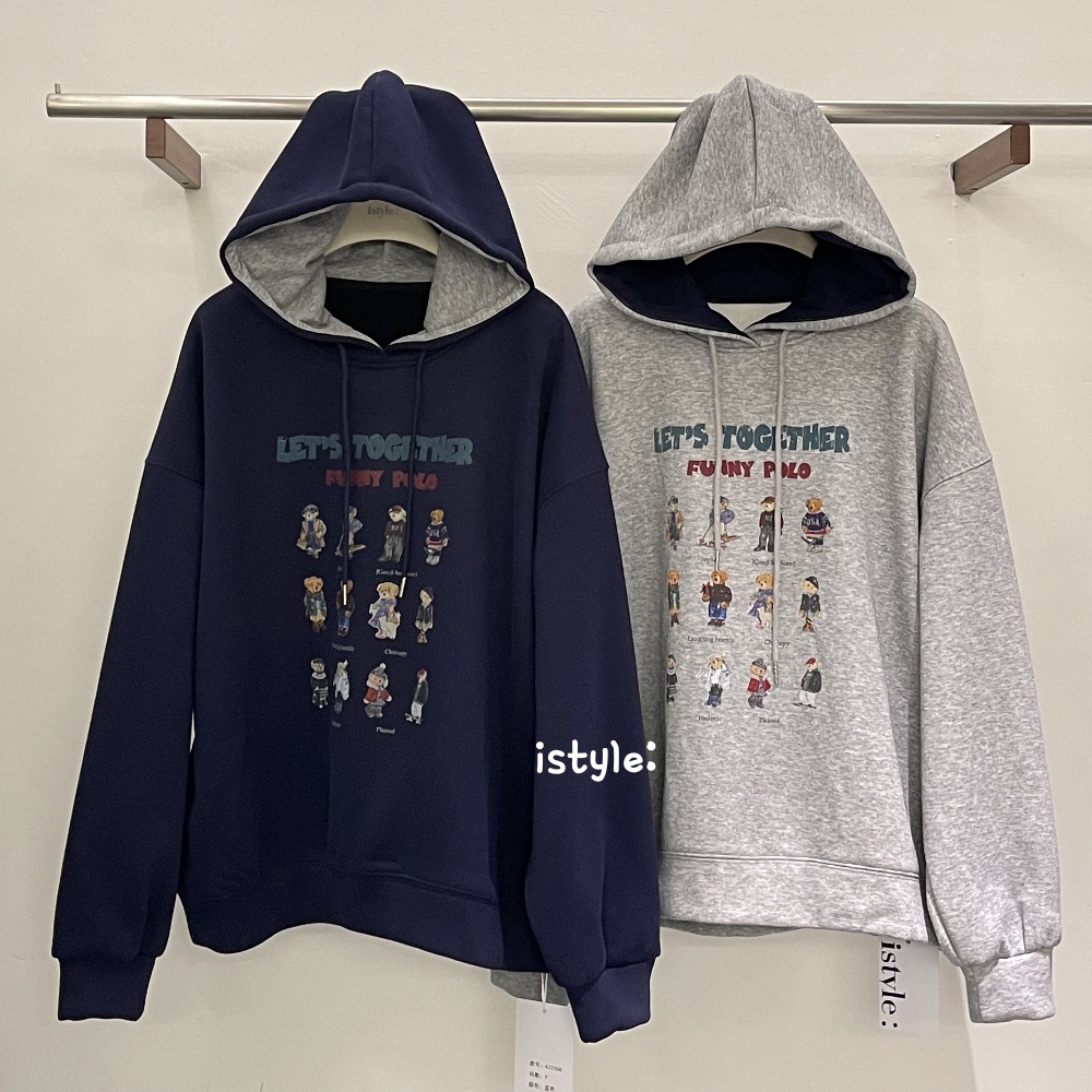 韩国istyle秋冬2025新款长袖连帽加绒上衣卡通小熊字母印花卫衣女